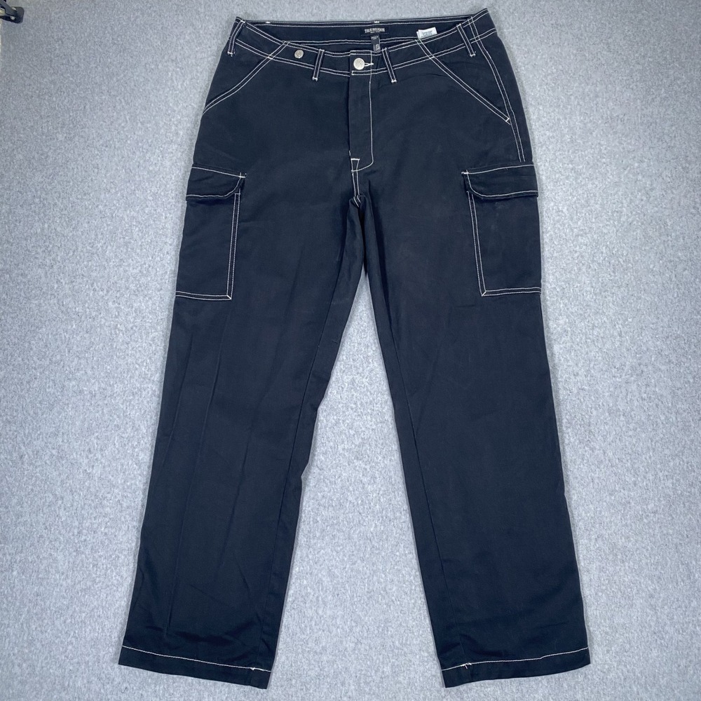 True Religion Cargo Pants Mens 36 Black White Contrast Stitch Horseshoe Logo